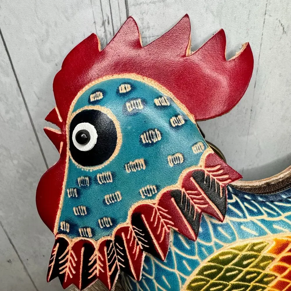 Genuine Leather Rooster Coin Purse Wristlet Chicken Hand Painted Leather NEW!